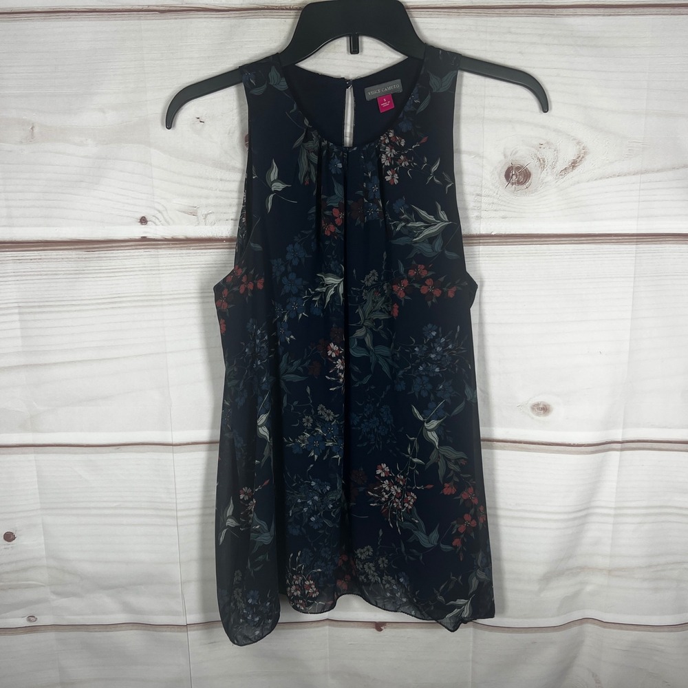Vince Camuto Floral Sleeveless Top Womens Small Navy Blue Patterned Pleated
